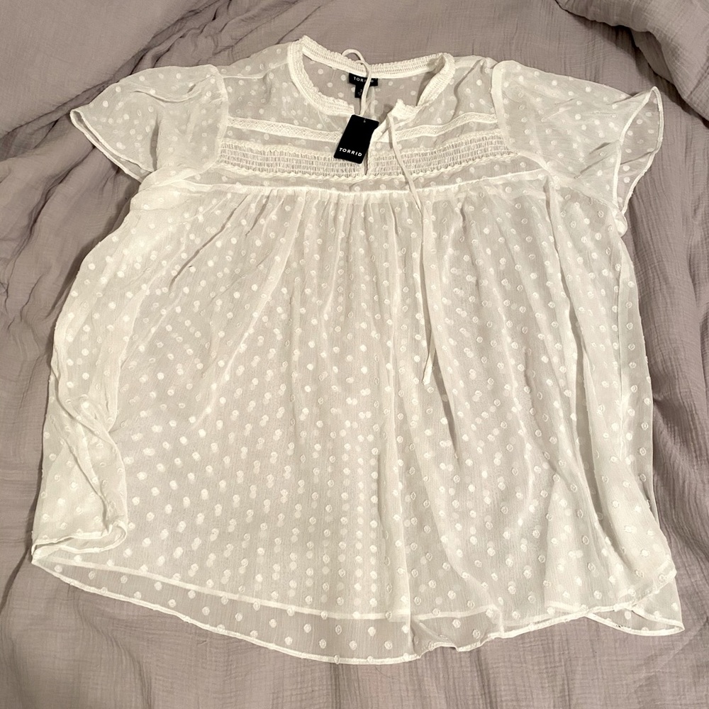 White Swiss dot crinkle gauze blouse